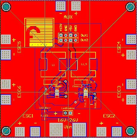 Altium layout of a square power distribution board with six ESC outputs and a 16 to 26 volt input