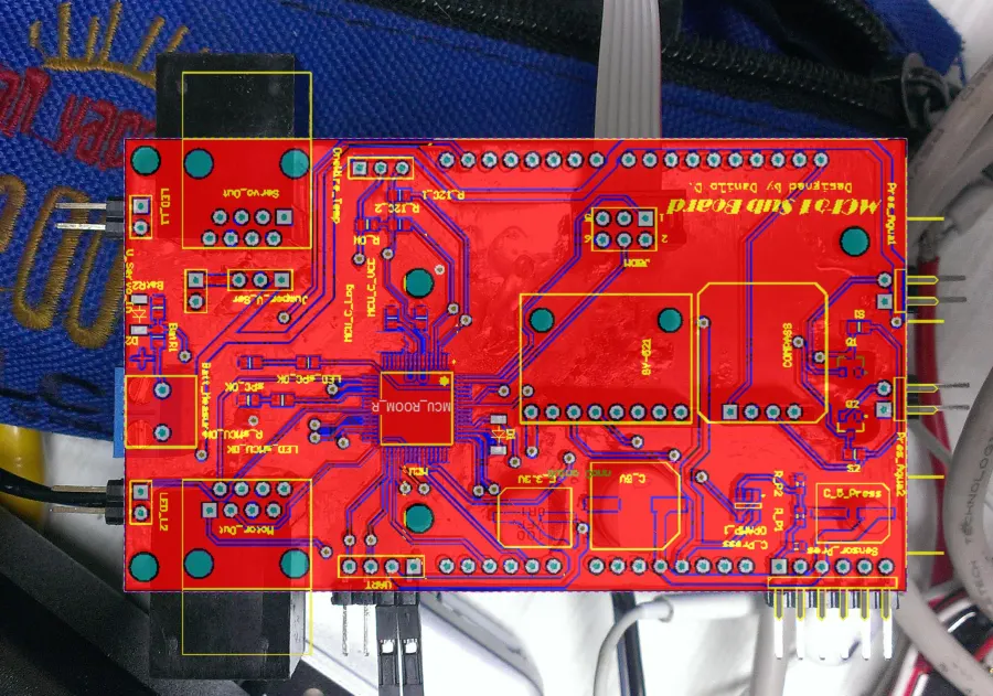Red PCB sub-board for an underwater ROV telemetry system, with connectors and a central microcontroller